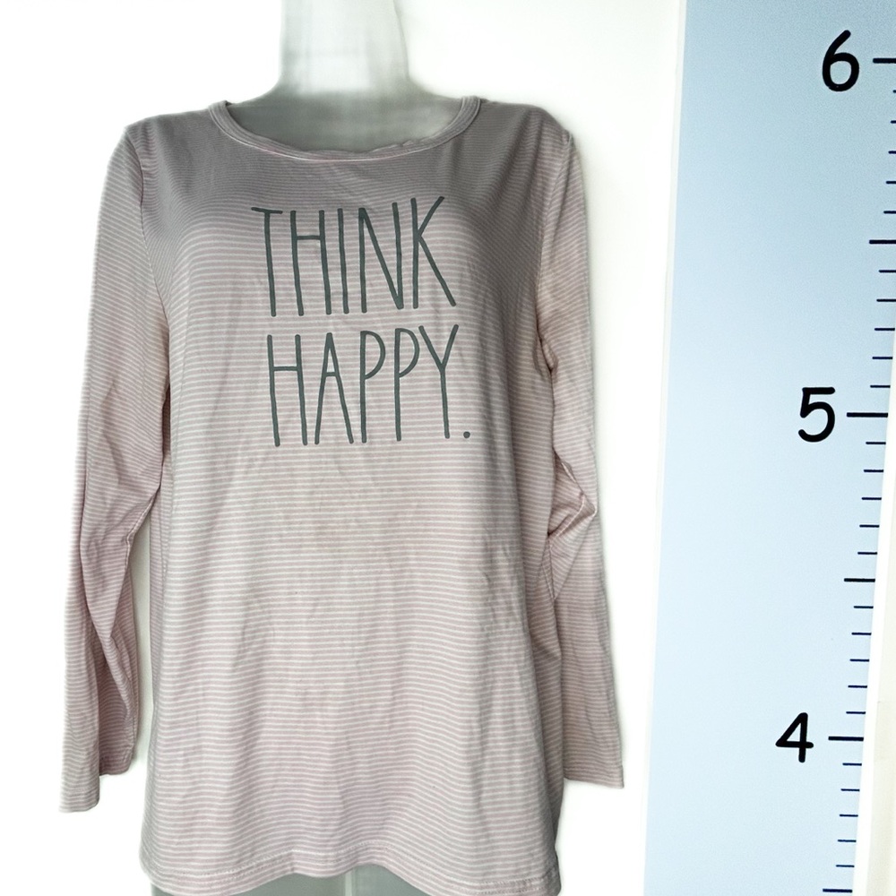 Rae‎ Dunn Pink Gray Stripes Pajama Top "Think Happy" Medium